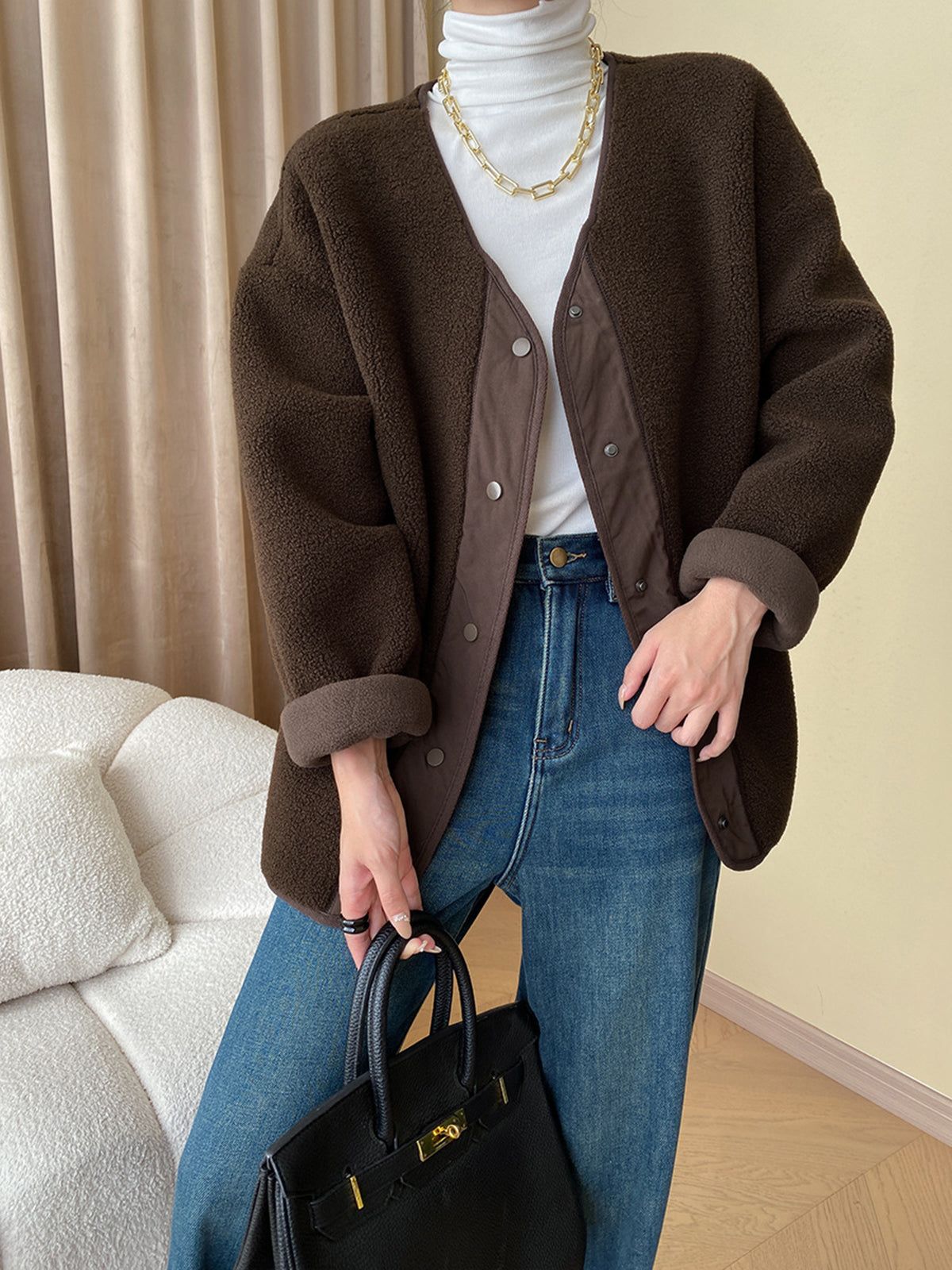 Patchwork Button-down Fleece Jacket sold by COMMENSE product image thumbnail 3