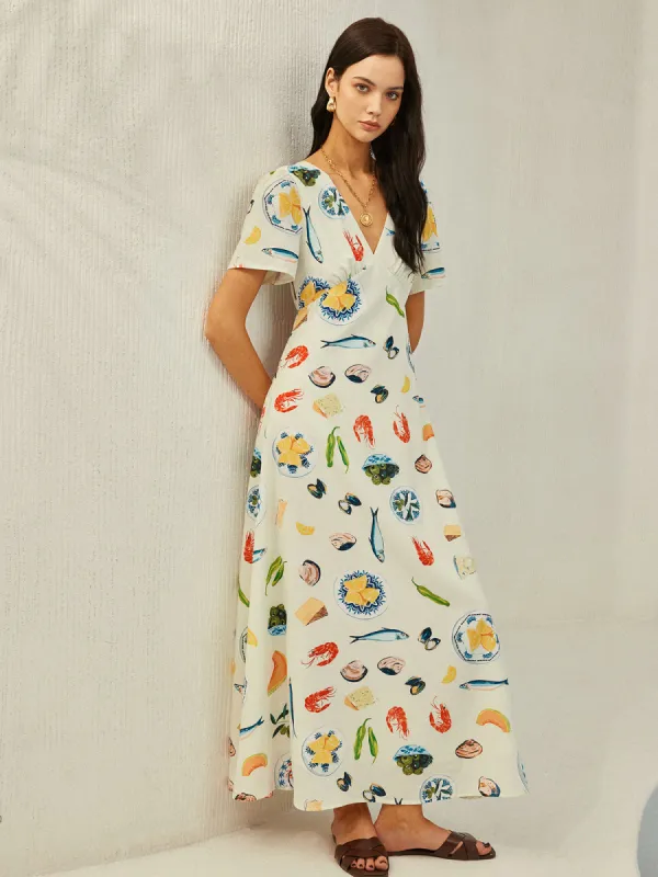 Backless Knotted Floral V-Neck Dress sold by COMMENSE