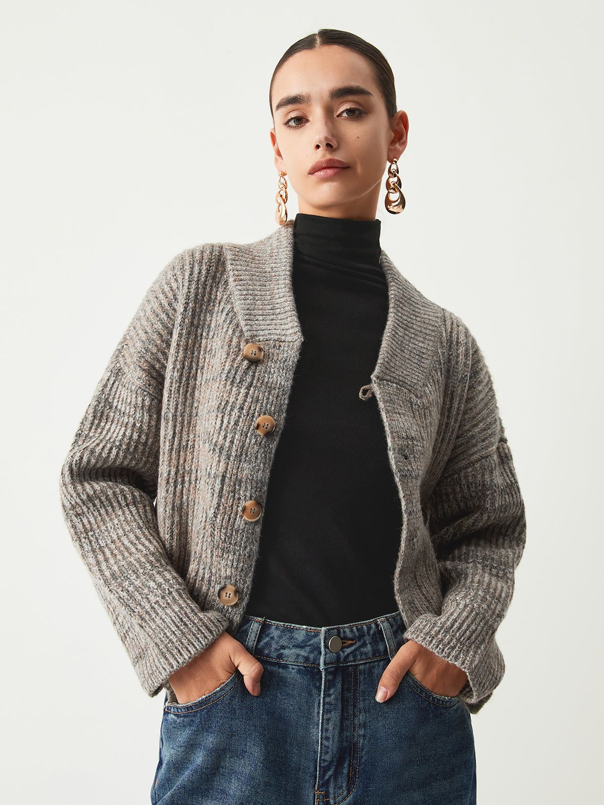 Asymmetric Button Ribbed Knit Cardigan sold by COMMENSE product image thumbnail 3