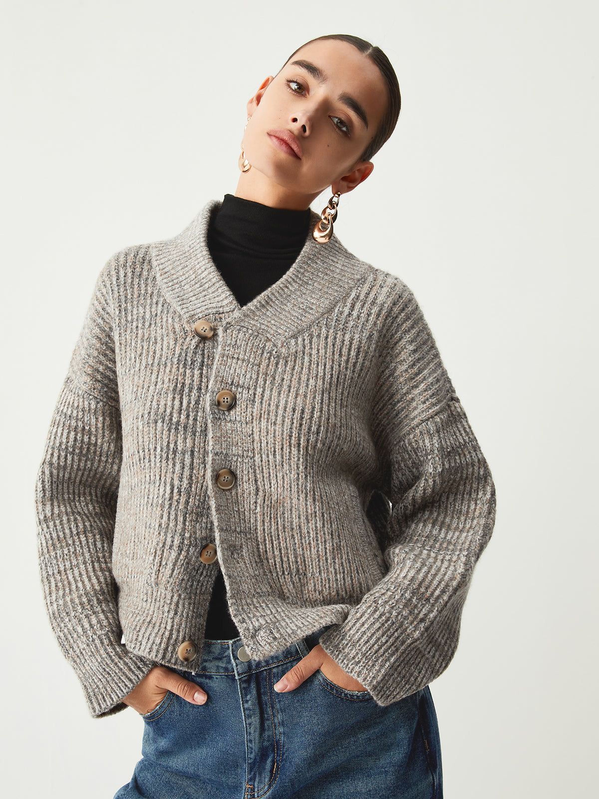 Asymmetric Button Ribbed Knit Cardigan sold by COMMENSE