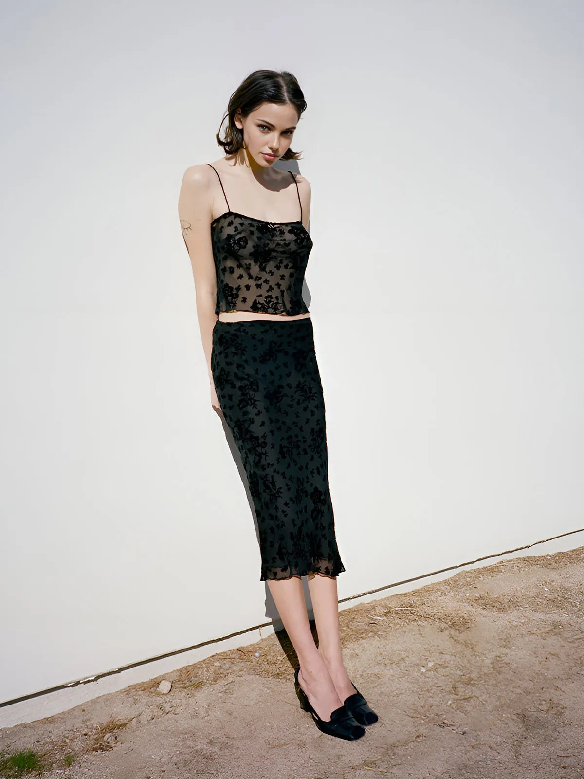 Cropped Mesh Fabric Cami Top With Midi Skirt Set sold by COMMENSE product image thumbnail 4