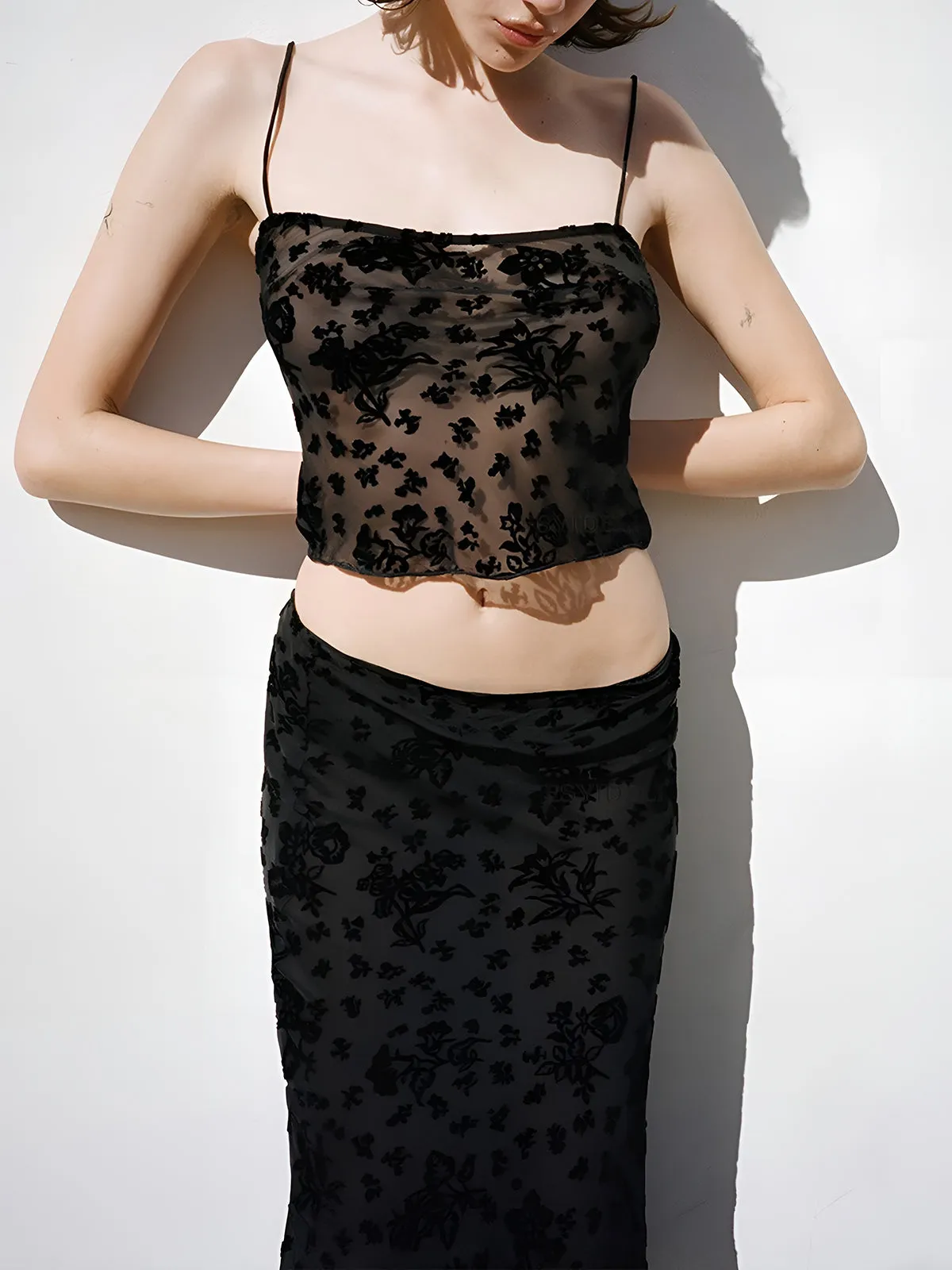 Cropped Mesh Fabric Cami Top With Midi Skirt Set sold by COMMENSE