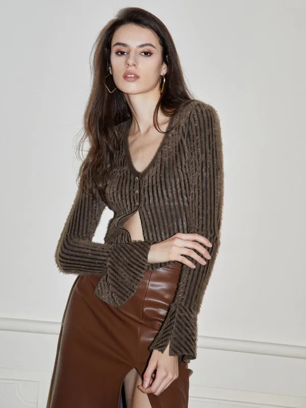 Button Bell Sleeve Ribbed Knit Crop Blouse made by COMMENSE