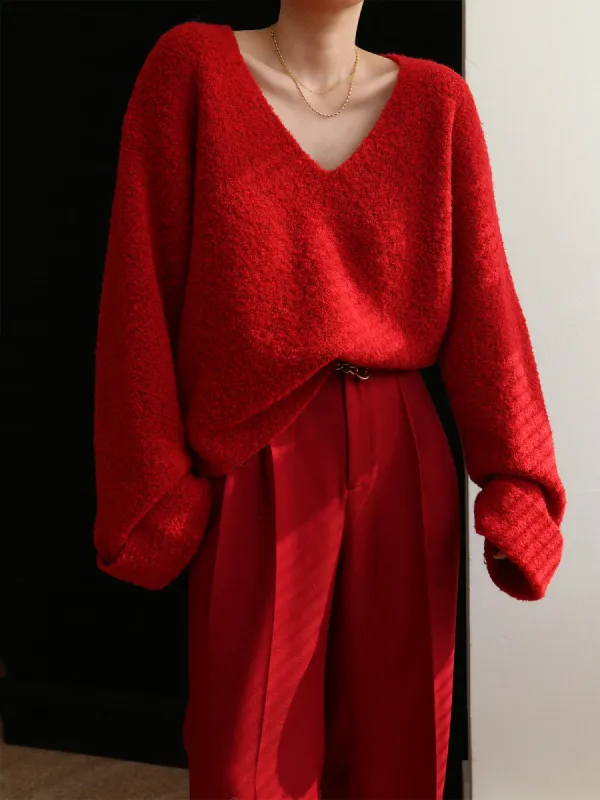 Knit Solid V-neck Long Sleeve Sweater sold by COMMENSE