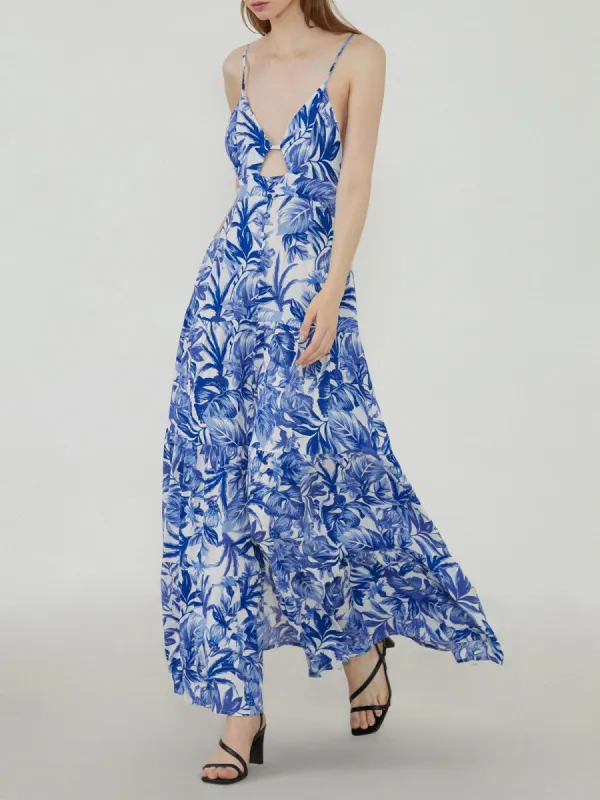 Tropical Leaves Cutout Open Back Long Dress made by COMMENSE