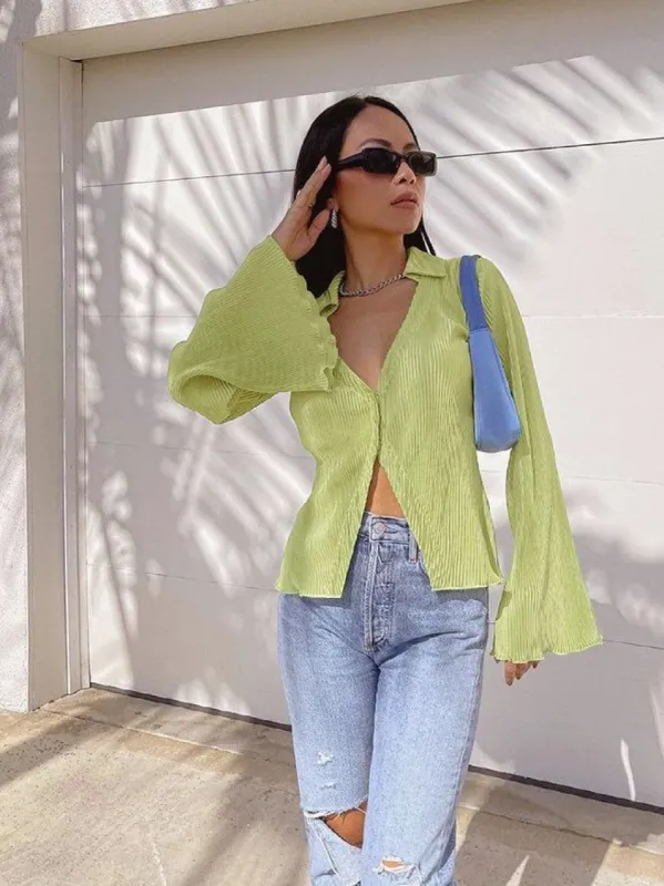 Pleated Flared Long Sleeve Blouse sold by COMMENSE