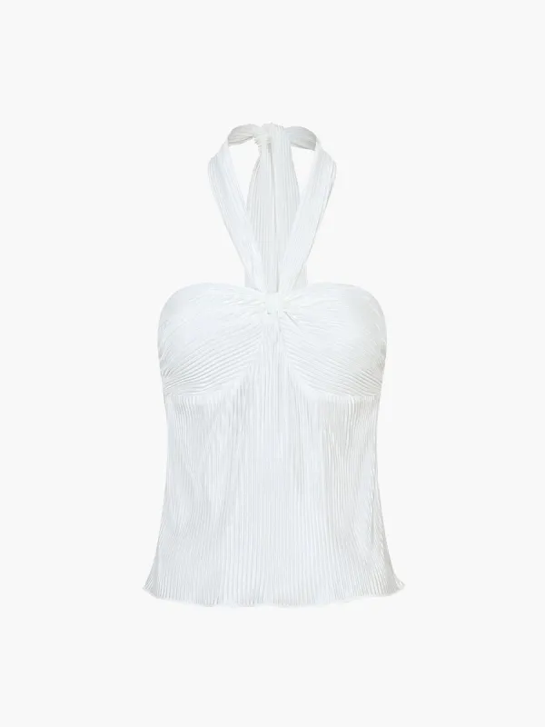 Plisse Halter Tied Knotted Top sold by COMMENSE