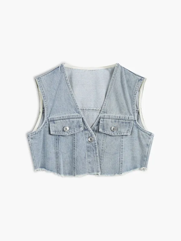 Denim Raw Hem Crop Vest sold by COMMENSE
