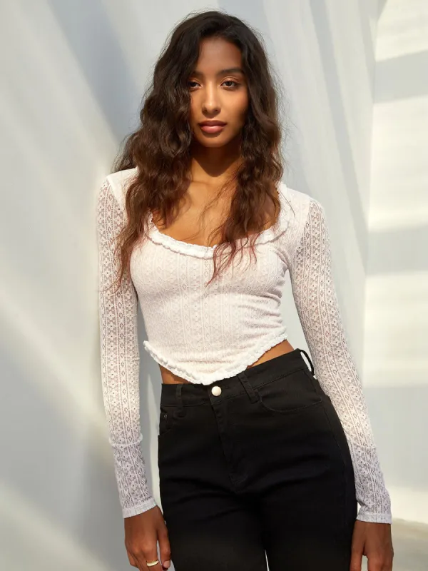 Floral Lace Long Sleeve Crop Top sold by COMMENSE