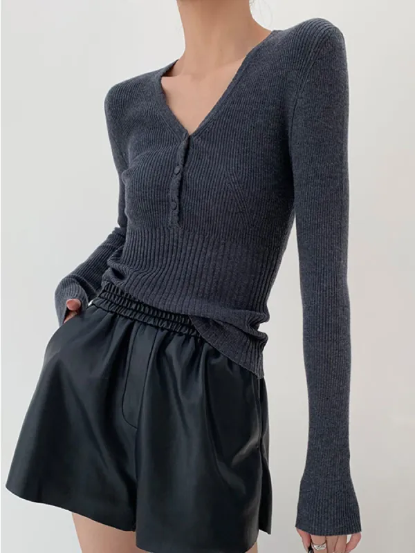 Button-up V-neck Slinky Ribbed Knit Top sold by COMMENSE