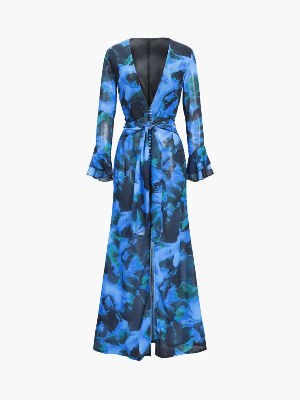 Floral Tie Front Deep V Neck Long Dress sold by COMMENSE