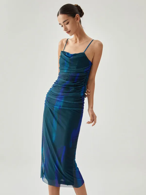 Low Cut Draped Layered Mesh Midi Dress sold by COMMENSE