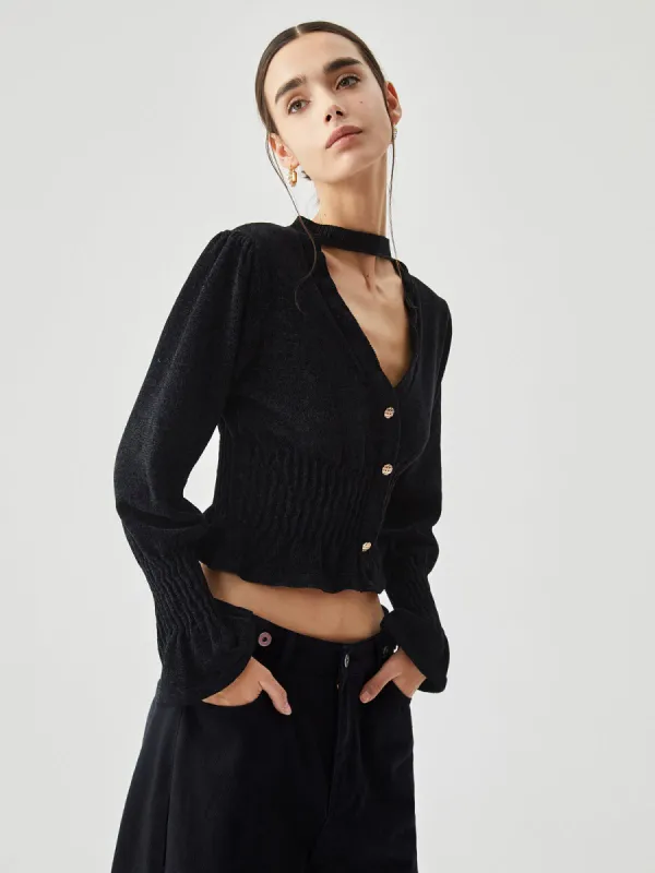 Ruffled Cuff V-neck Long Sleeve Button-down Crop Top sold by COMMENSE