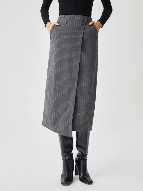 Asymmetric Waist Striped Slit Pocket Midi Skirt sold by COMMENSE