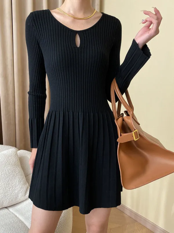 Ruffled Cuff Cut Out Ribbed Pleated Knit Short Dress sold by COMMENSE