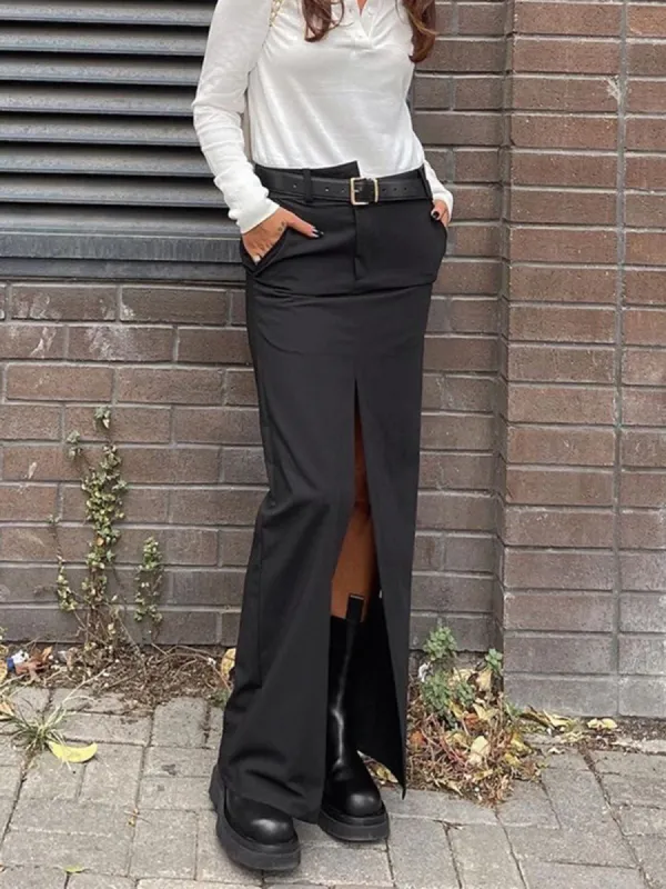 Oblique Waistband Pockets Slit Maxi Skirt sold by COMMENSE
