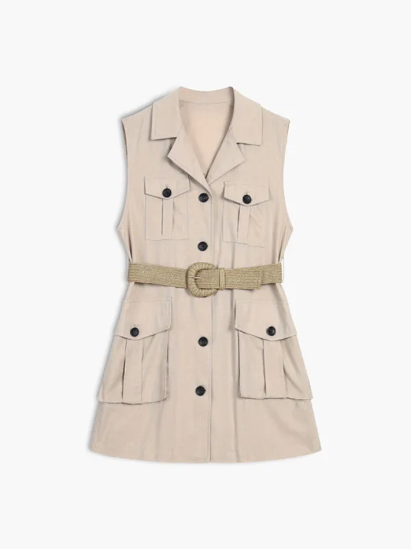 Toffee Belted Button Down Short Dress sold by COMMENSE