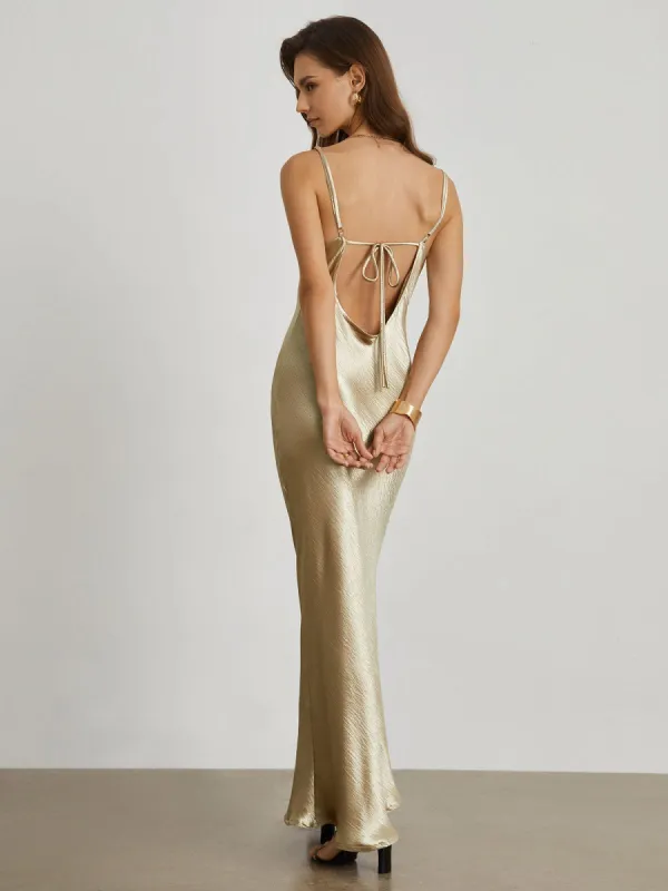 Champagne Cowl Neck Open Back Long Dress sold by COMMENSE