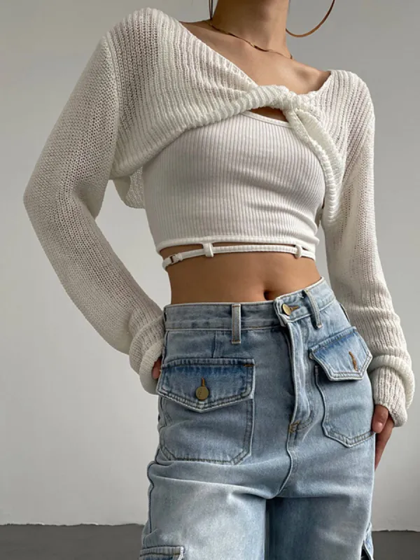 Twisted Front Long Sleeve Crop Top sold by COMMENSE
