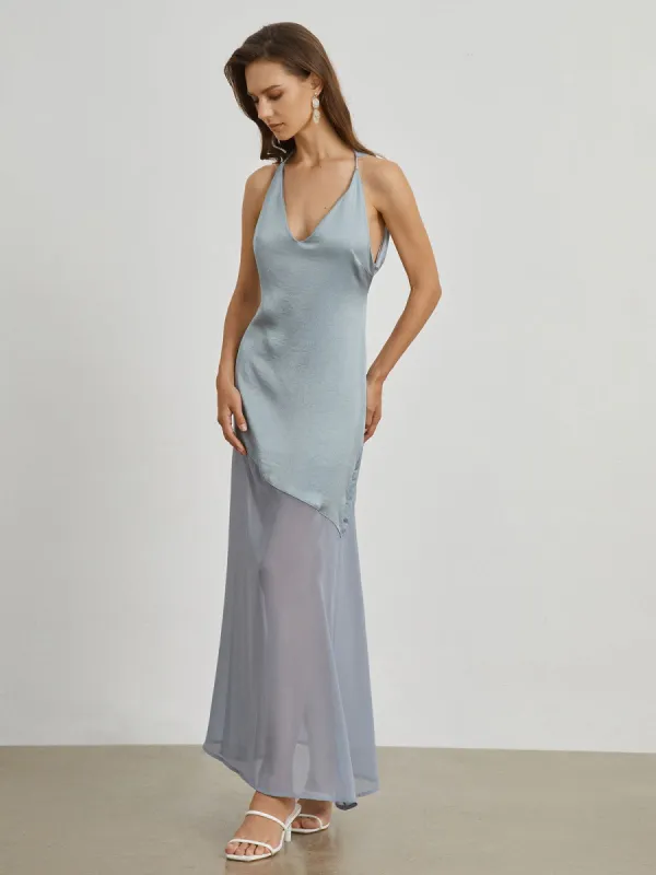 Open Back Satin Mesh Long Dress sold by COMMENSE