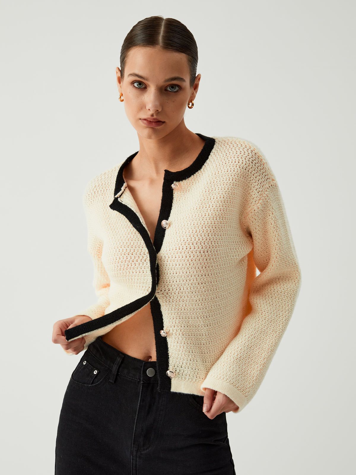 Stay Lifted Contrast Trim Crop Cardigan sold by COMMENSE