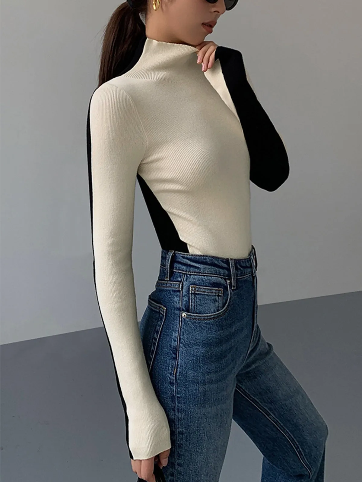Two Tone Double Sided Long Sleeve Knit Top sold by COMMENSE product image thumbnail 2