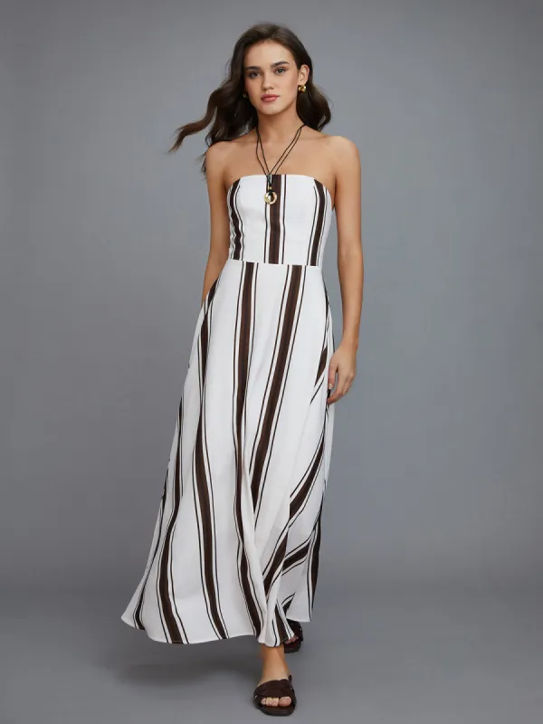 Striped Off-Shoulder Long Dress sold by COMMENSE