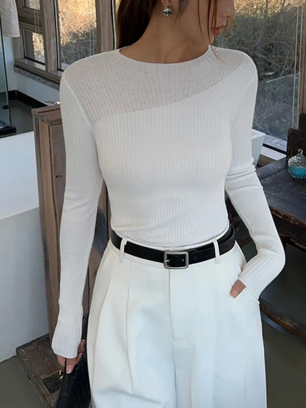 Knit Ribbed Crew Neck Asymmetric Top sold by COMMENSE