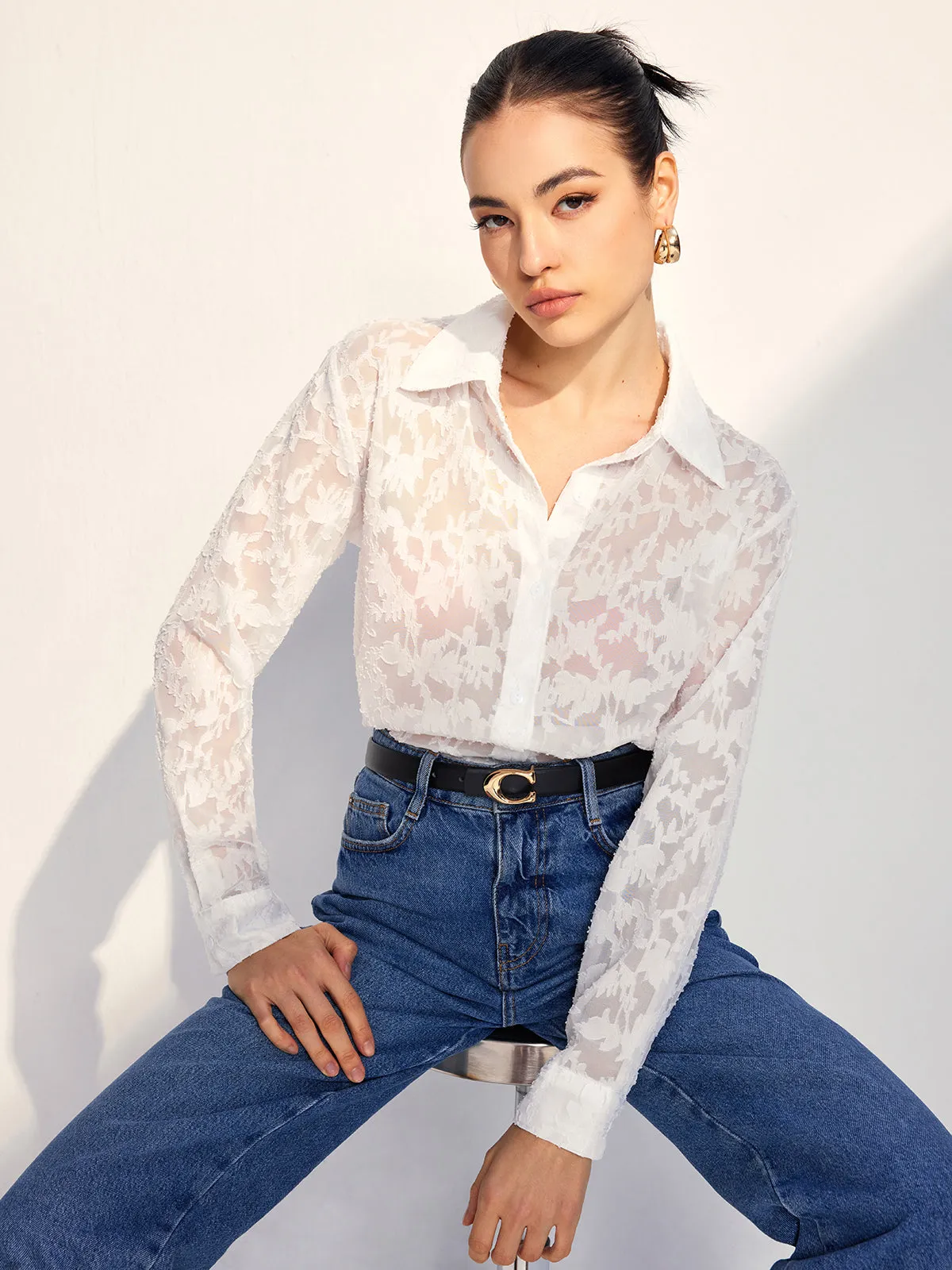 Semi-Sheer Jacquard Button Shirt sold by COMMENSE product image thumbnail 2
