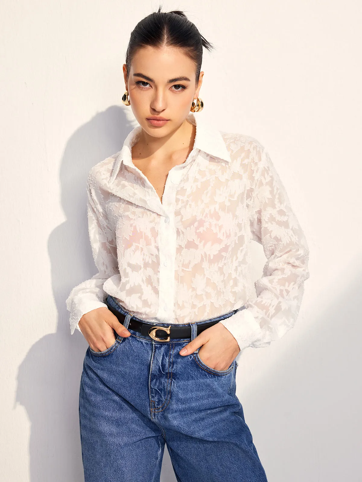 Semi-Sheer Jacquard Button Shirt sold by COMMENSE product image thumbnail 3
