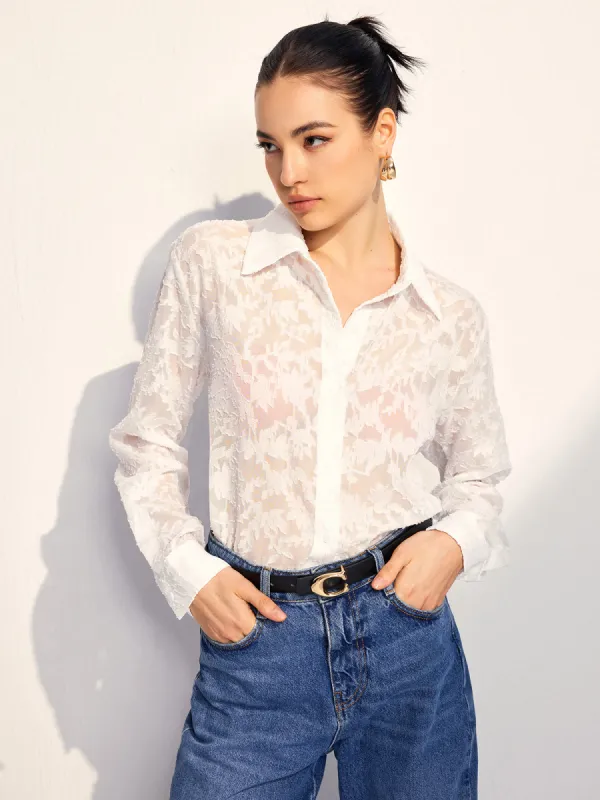 Semi-Sheer Jacquard Button Shirt sold by COMMENSE