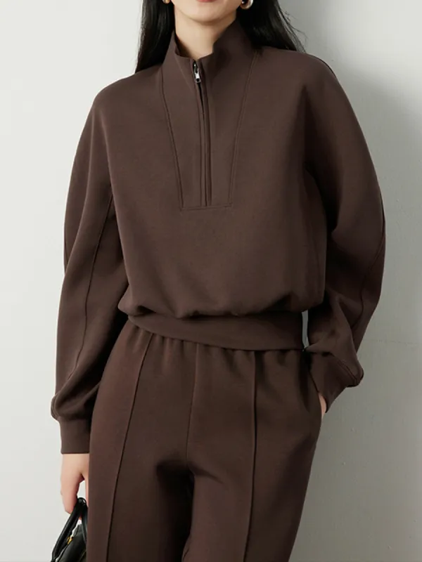 Zippered Stand Collar Long Sleeve Sweatshirt made by COMMENSE