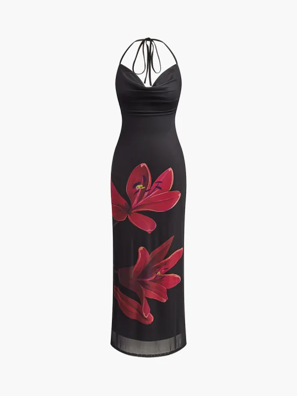 Halter Drawstring Backless Floral Dress sold by COMMENSE