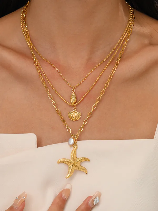 Triple Layers Pearl Starfish Necklace sold by COMMENSE