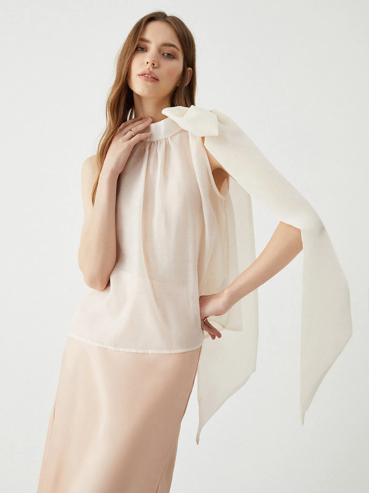 Sheer Tie Neck Bow Mesh Top sold by COMMENSE