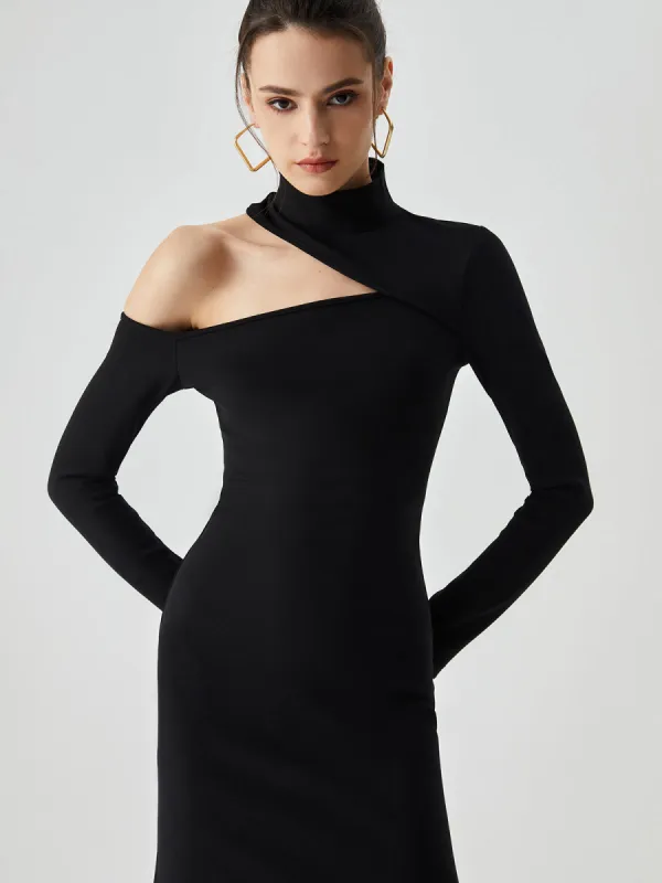 Stand Collar Asymmetrical Shoulder Slit Midi Dress sold by COMMENSE