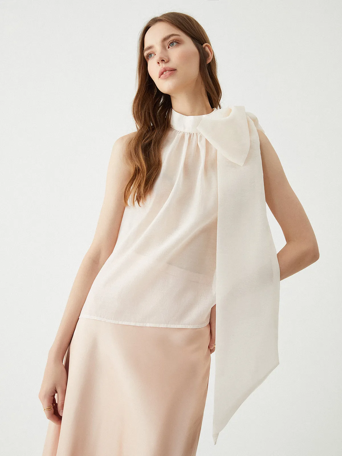 Sheer Tie Neck Bow Mesh Top sold by COMMENSE product image thumbnail 2