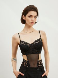 Floral Lace Mesh Cutout Bodysuit sold by COMMENSE