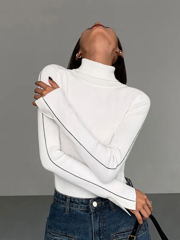 Contrast Piping Turtleneck Sweater sold by COMMENSE