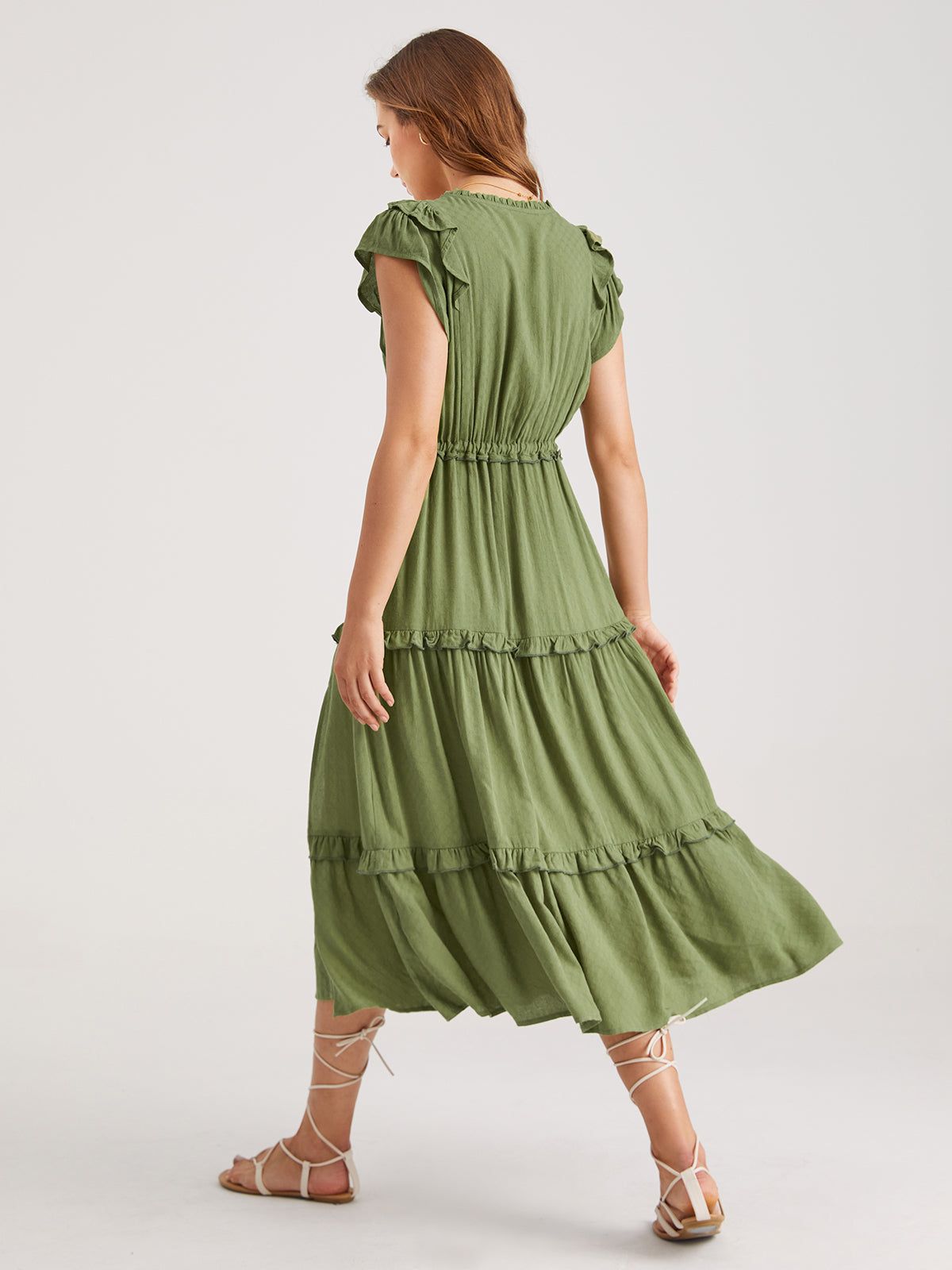 Flutter Sleeve Tiered Slit Midi Dress sold by COMMENSE product image thumbnail 6