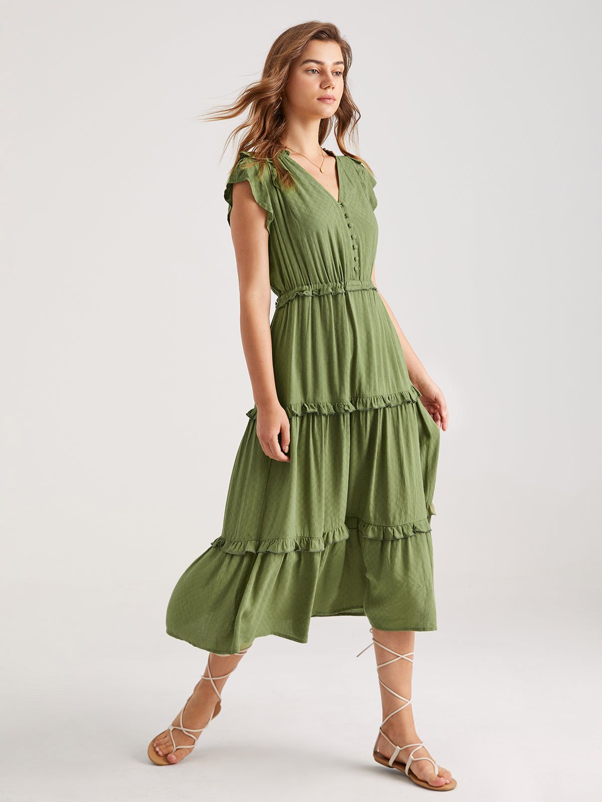 Flutter Sleeve Tiered Slit Midi Dress sold by COMMENSE product image thumbnail 3
