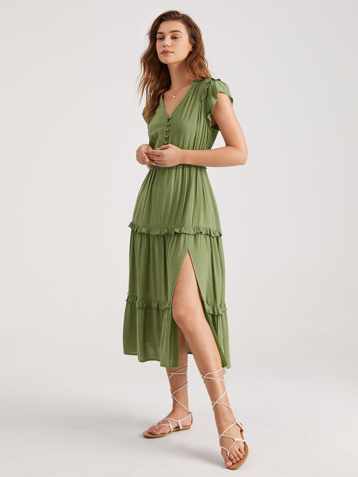 Flutter Sleeve Tiered Slit Midi Dress sold by COMMENSE product image thumbnail 5