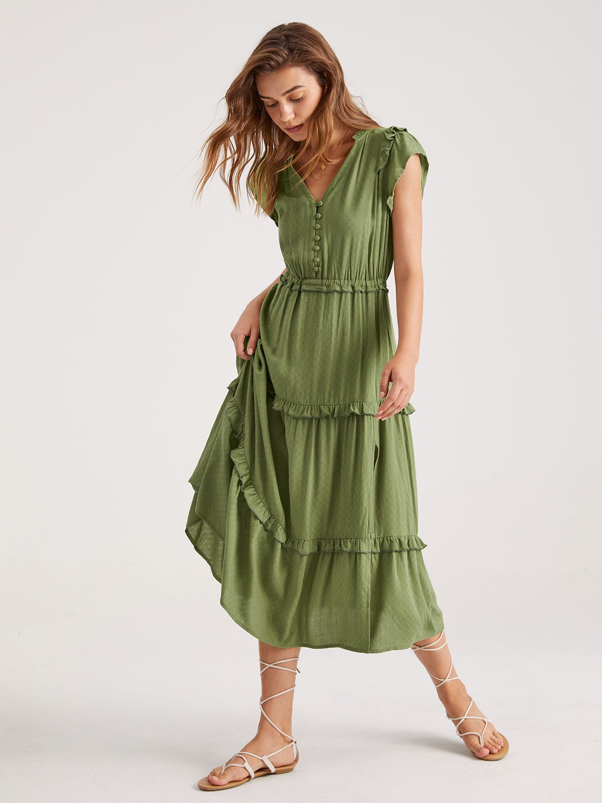 Flutter Sleeve Tiered Slit Midi Dress sold by COMMENSE product image thumbnail 2