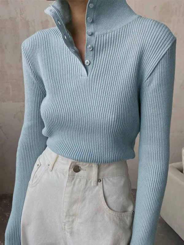 Button Up Collar Ribbed Knit Top sold by COMMENSE