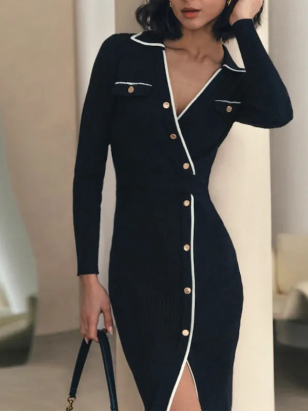 Contrast Trim Wrap Midi Knit Dress sold by COMMENSE