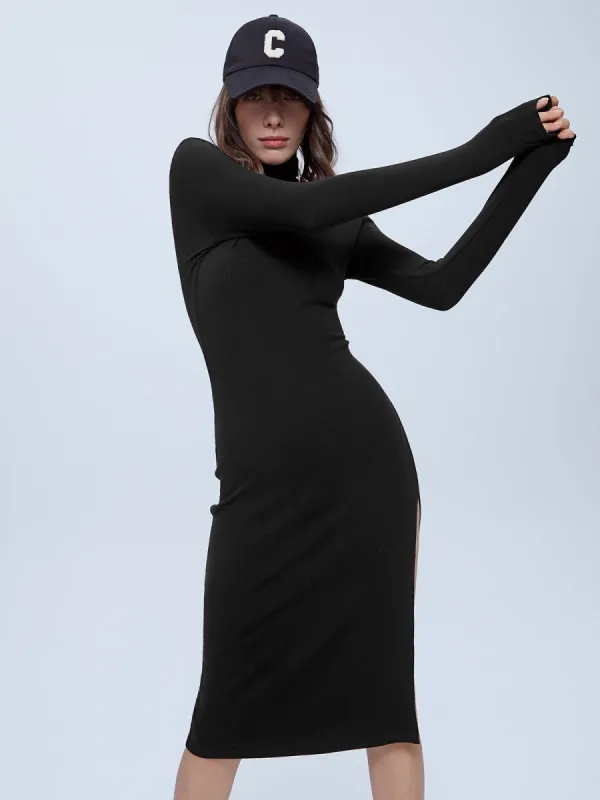 Long Sleeve Turtleneck Slit Sweater Dress sold by COMMENSE