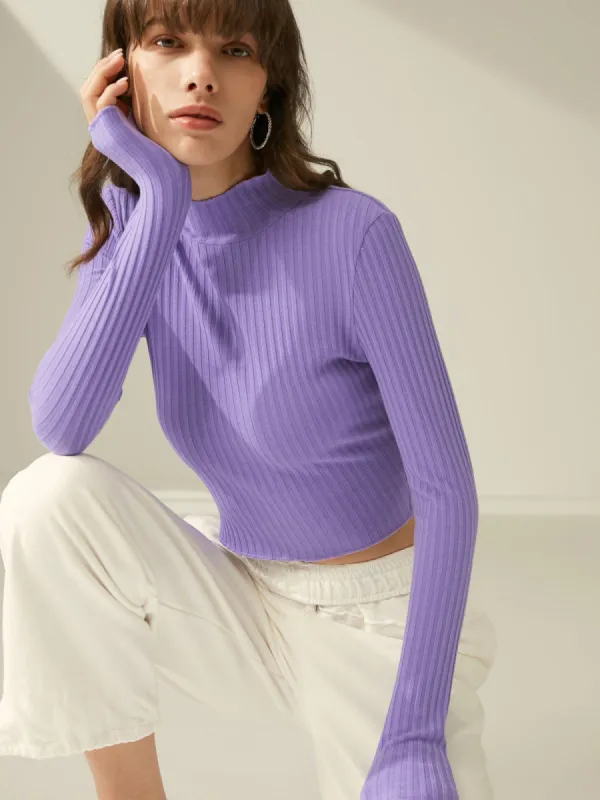 Mauve Cropped Mockneck Ribbed Long Sleeve Top sold by COMMENSE