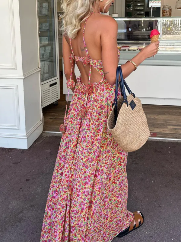 Boho Floral Print Rosette Decor Halter Long Dress sold by COMMENSE