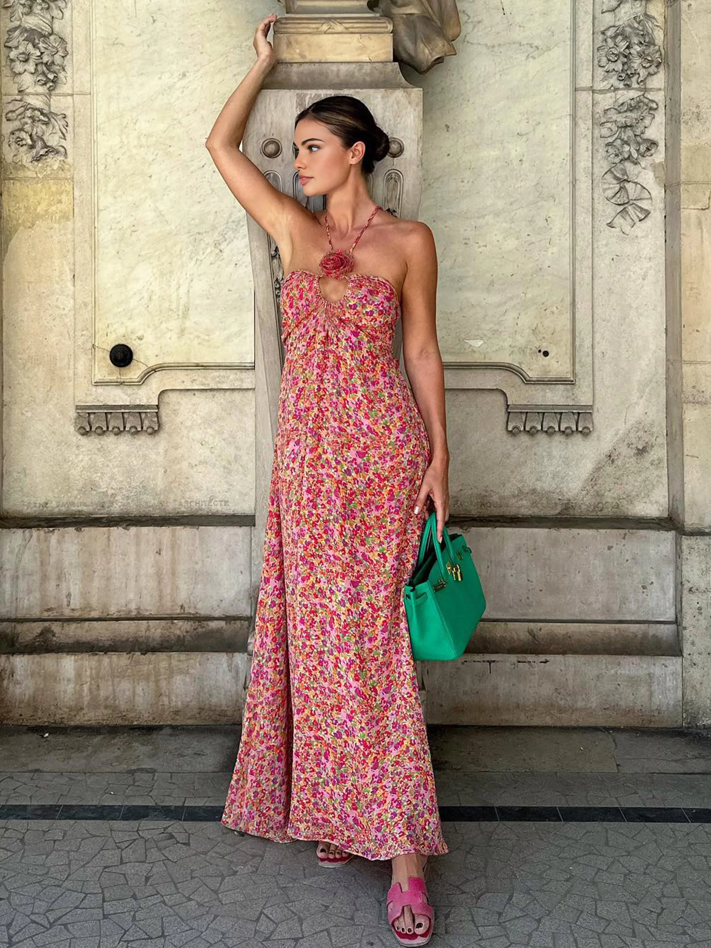 Boho Floral Print Rosette Decor Halter Long Dress sold by COMMENSE product image thumbnail 2