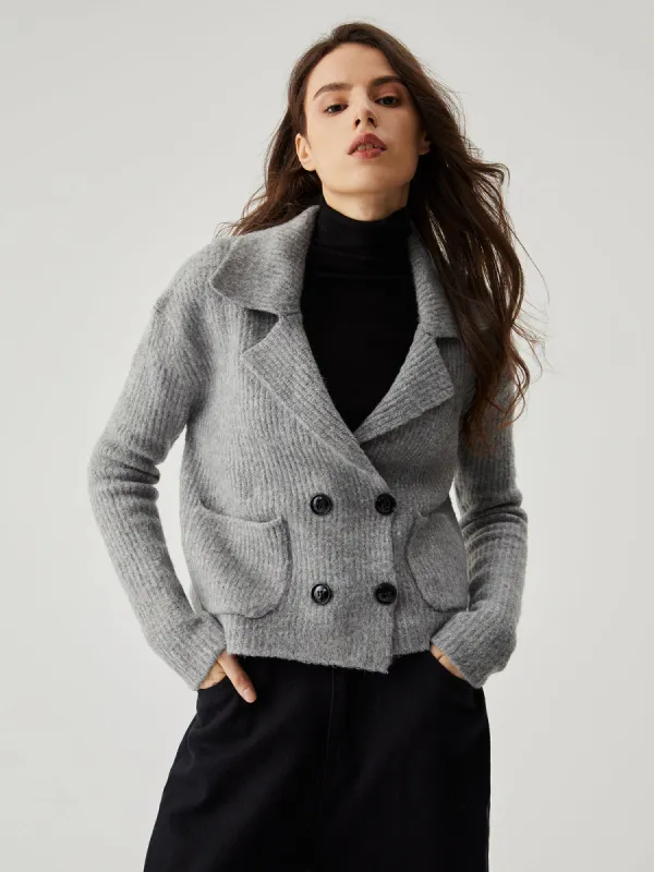 Knit Double-Breasted Collar Pocket Cardigan sold by COMMENSE